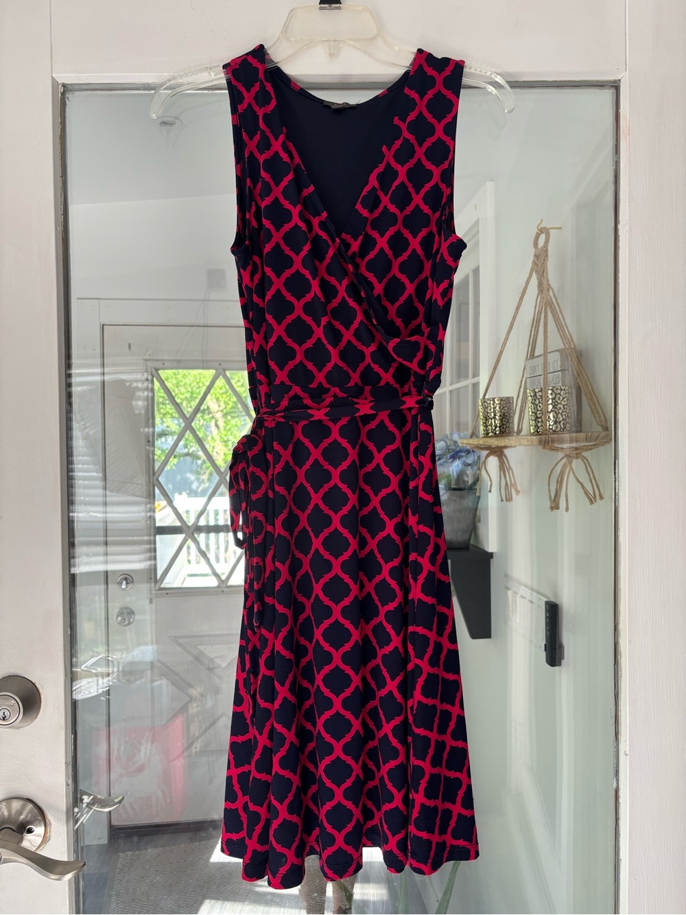 41 Hawthorn Navy Midi Wrap Dress with Pink Geometric‎ Print